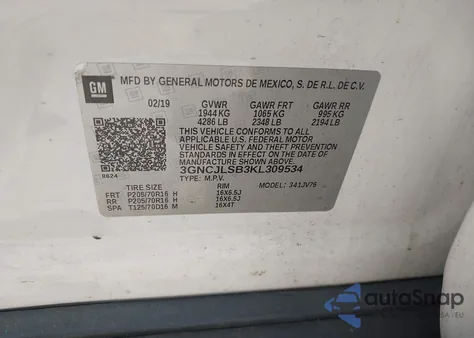 2019 Chevrolet Trax Lt из США, поврежденный, VIN 3GNCJLSB3KL309534